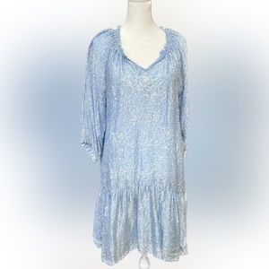 Natalie Martin Blue White Ruffle Off the Shoulder Silk Tent Dress - Size M